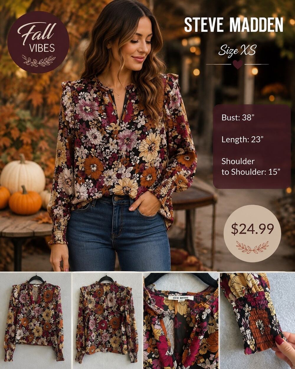 Steve Madden Fall Floral Ruffled Blouse Sheer Lined Smocked Cuffs Longsleeve XS